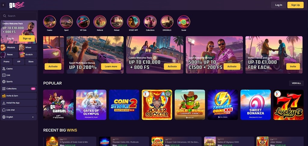 GtBet Casino Lobby